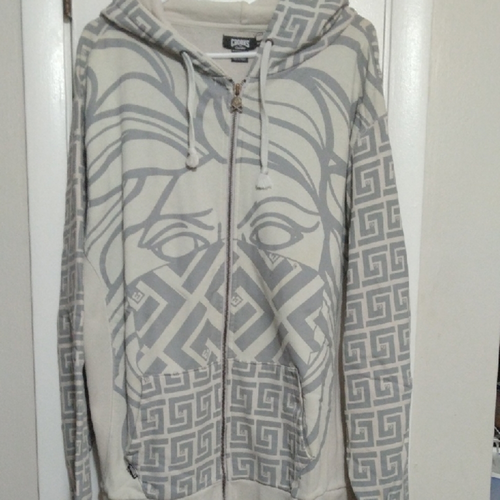 Crooks And Castles White and Gray Graphic Zip-Up Sweater